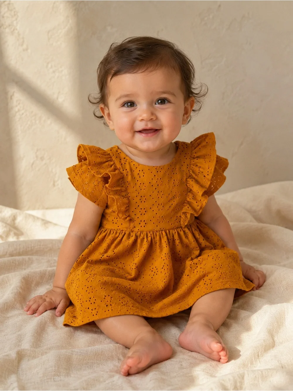 Blueberi Boulevard Eyelet Flutter Dress in Mustard, Size 12M
